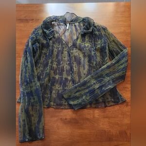 Free People Top Long Sleeve- Blouse Sheer Green & Blue Forest Fairy Boho XS